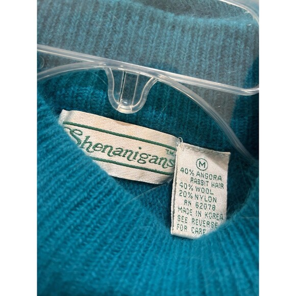 Vintage Women's Medium Teal Blue Angora Rabbit Hair Lambswool Mock Neck Sweater - Picture 2 of 4